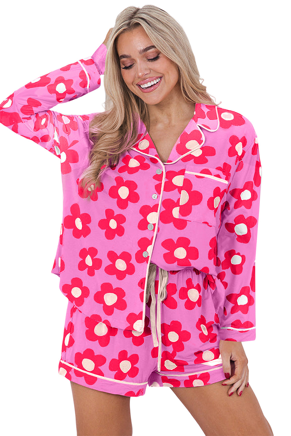 Green 60s Flower Print Buttoned Shirt and Drawstring Waist Pajama Set - The Fair Lady Shop
