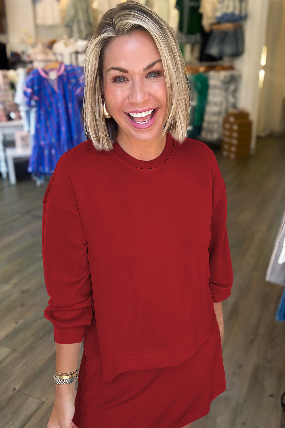 Racing Red Solid Color Drop Shoulder Pullover Drawstring Mini Skirt Set