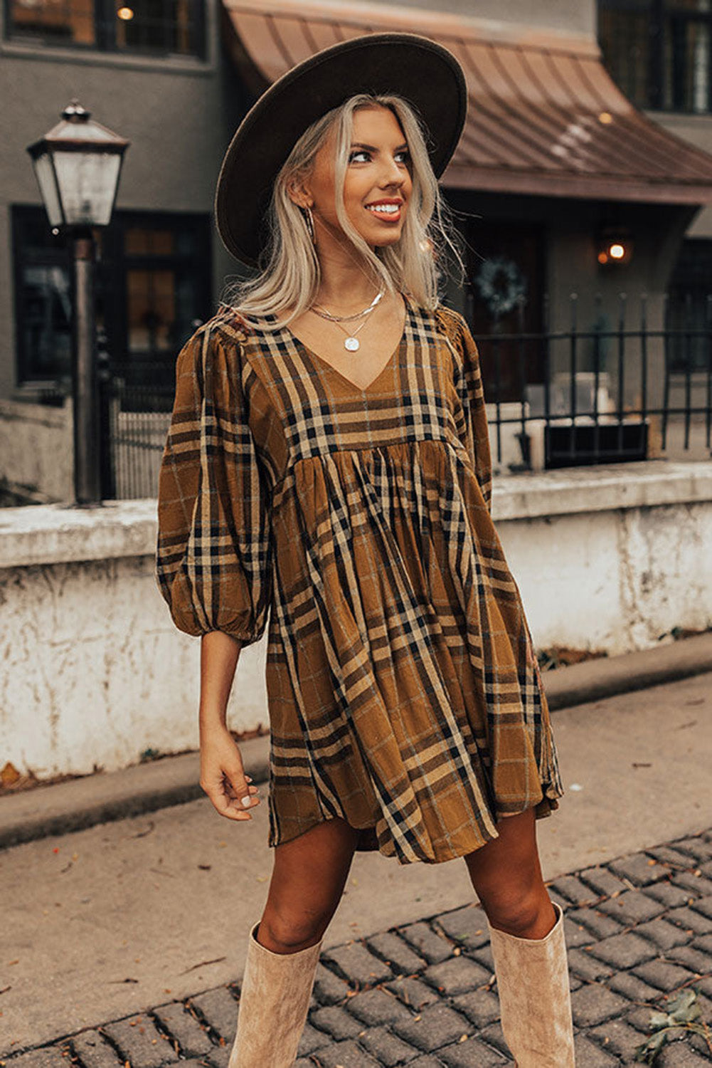 Brown Plaid Pattern Empire Waist Babydoll Dress - The Fair Lady Shop