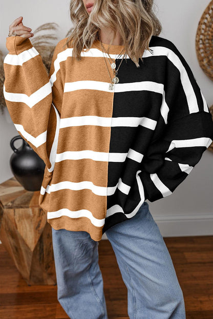 Khaki Stripe Exposed Seam Patchwork Loose Sweatshirts - The Fair Lady Shop