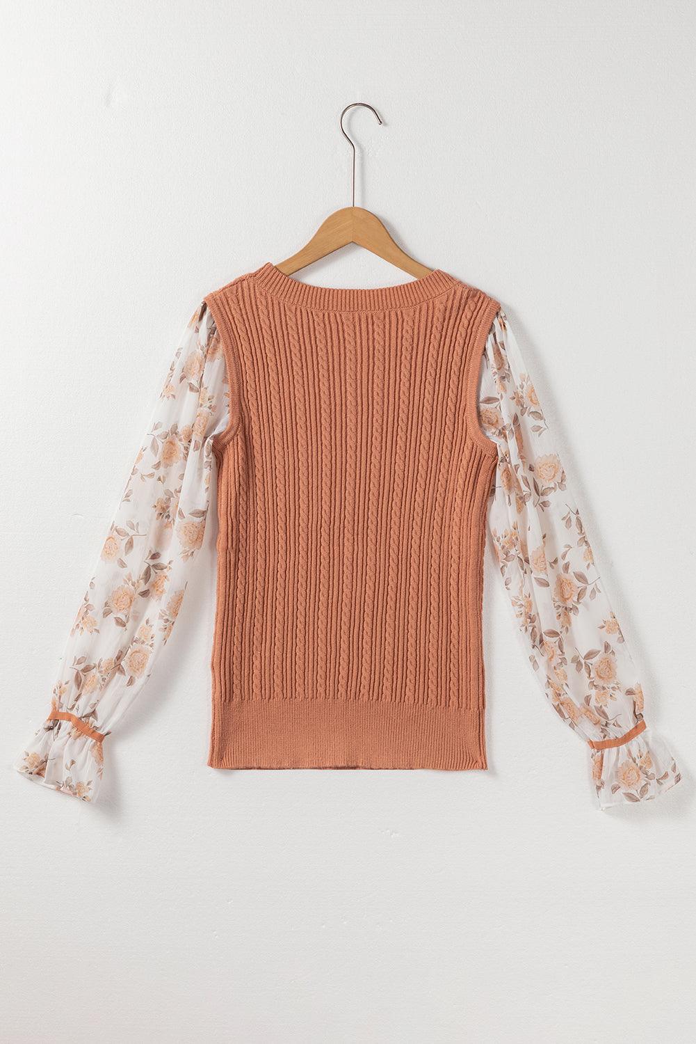 Floral Patchwork Ruffled Cuff Sleeve Cable Knit Sweater - The Fair Lady Shop