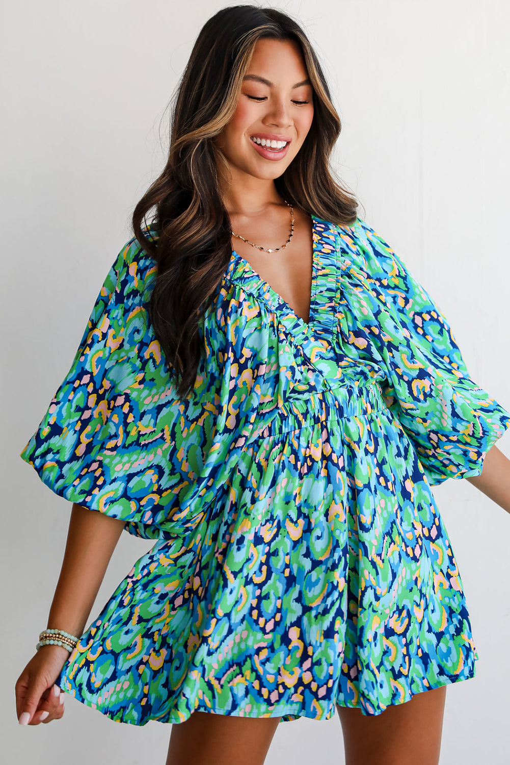 Green Abstract Print Batwing Sleeve V Neck High Waist Romper - The Fair Lady Shop
