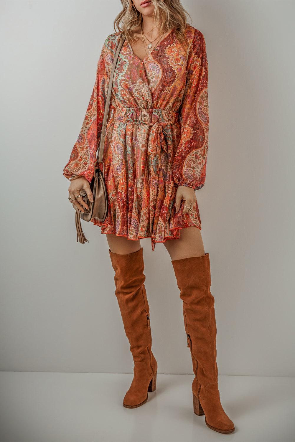 Orange Boho Paisley Print Long Sleeve Pleated Belted Mini Dress - The Fair Lady Shop