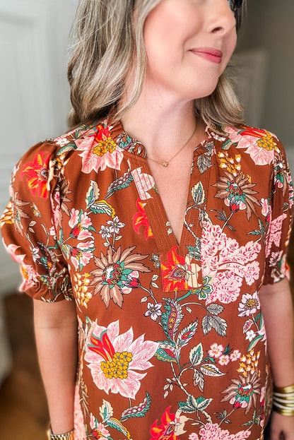 Brown Floral Frill Trim Plus Size Puff Sleeve Blouse - The Fair Lady Shop