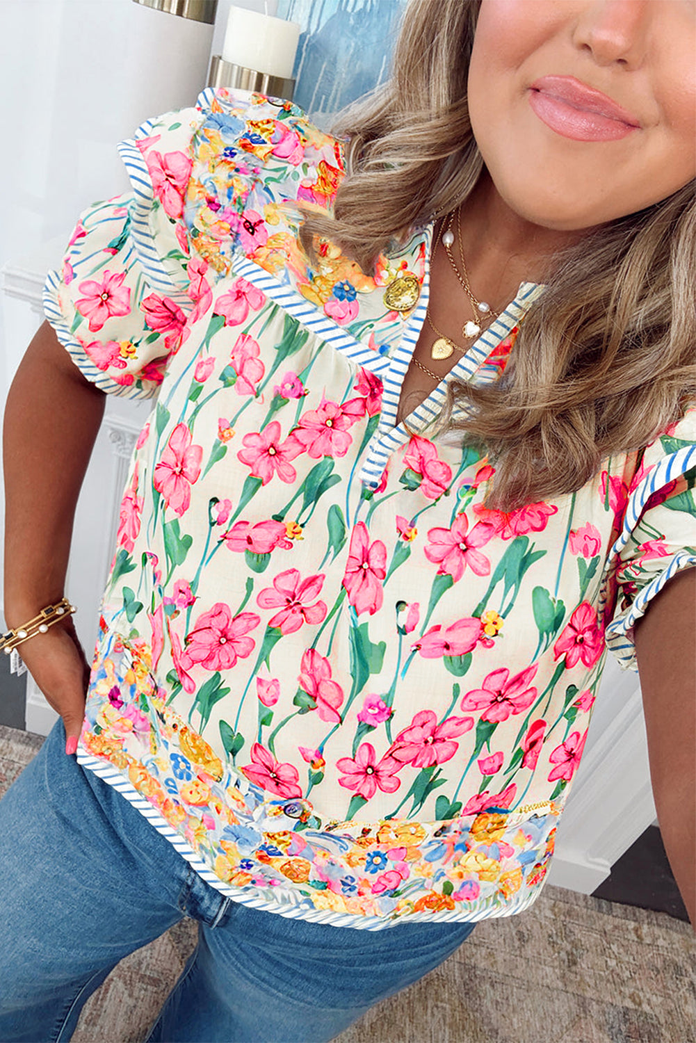 Pink Plus Size Floral Print Striped Trim V Neck Blouse - The Fair Lady Shop