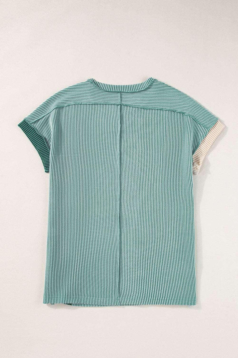 Apricot Pink Colorblock Ribbed Round Neck T Shirt - The Fair Lady Shop