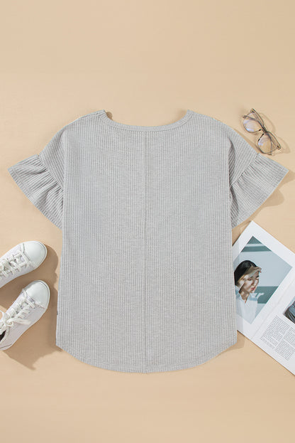 Light Grey Lace Patchwork Ruffle Sleeve Waffle Plus Size Top - The Fair Lady Shop