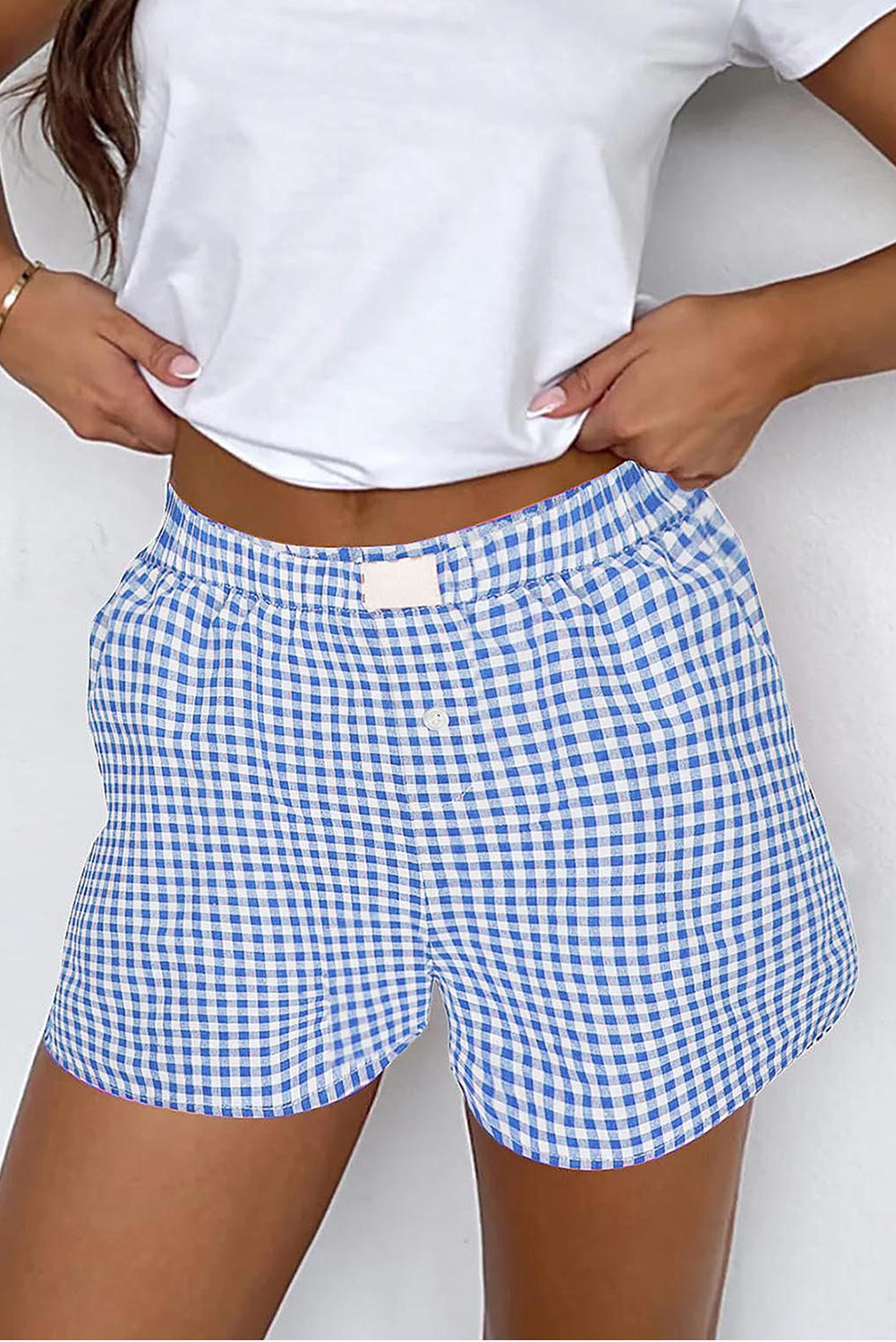 Blue Vintage Gingham Print High Waisted Loose Shorts - The Fair Lady Shop