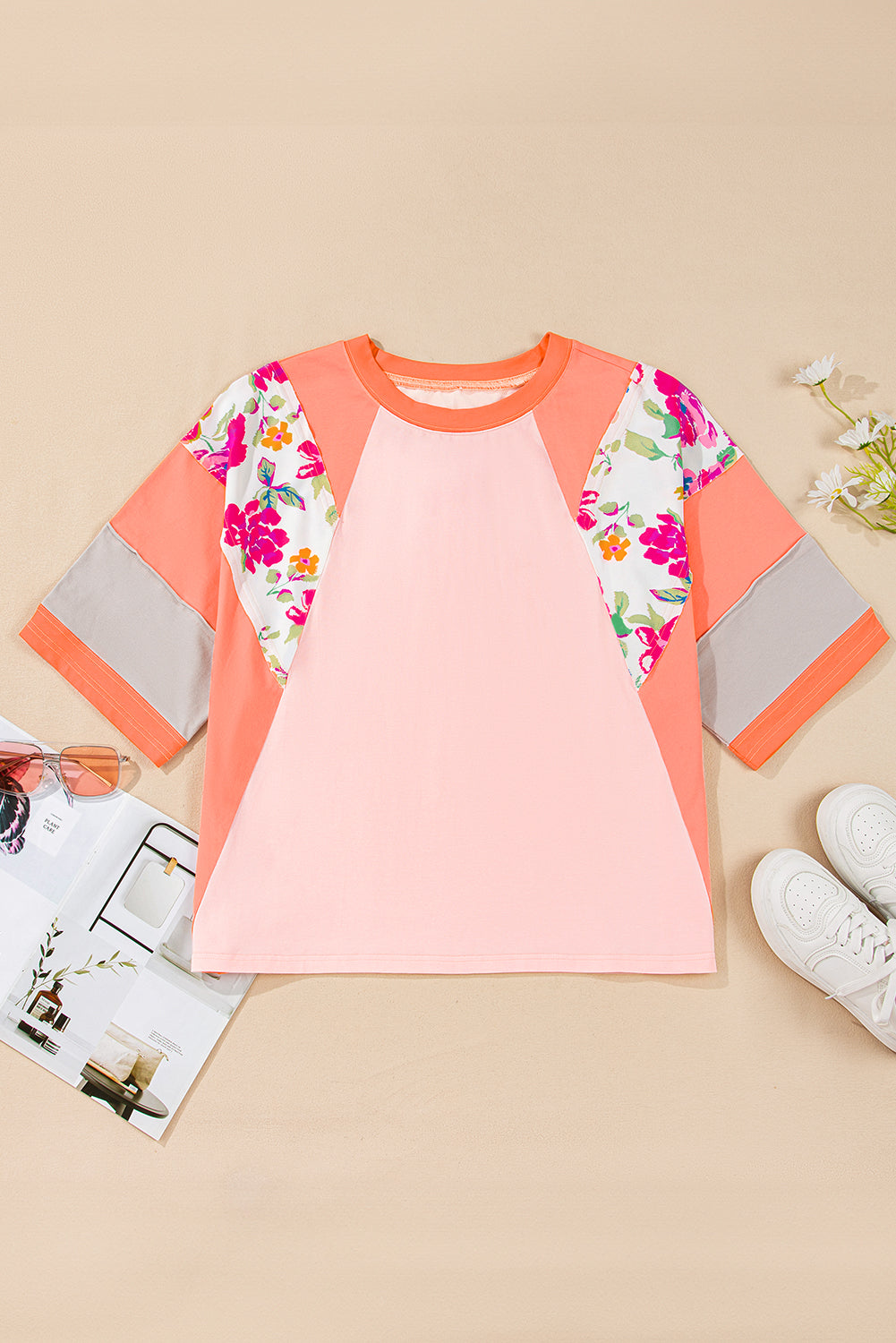 Orange Floral Patchwork Colorblock Plus Size Top - The Fair Lady Shop