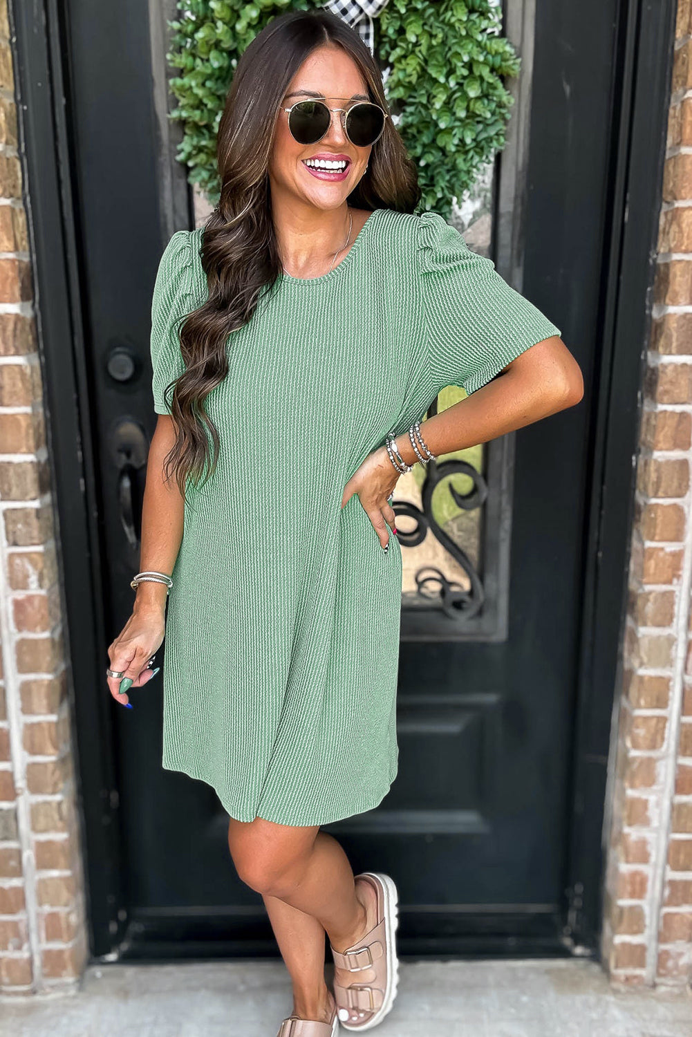 Mint Green Corded Crew Neck Puff Sleeve Mini Dress - The Fair Lady Shop