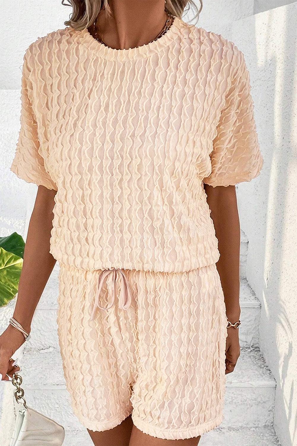 Beige Frill Textured Tee and Drawstring Shorts Set - The Fair Lady Shop