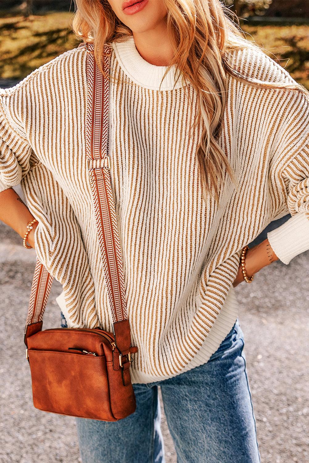 Chestnut Striped Contrast Trim Loose Sweater - The Fair Lady Shop