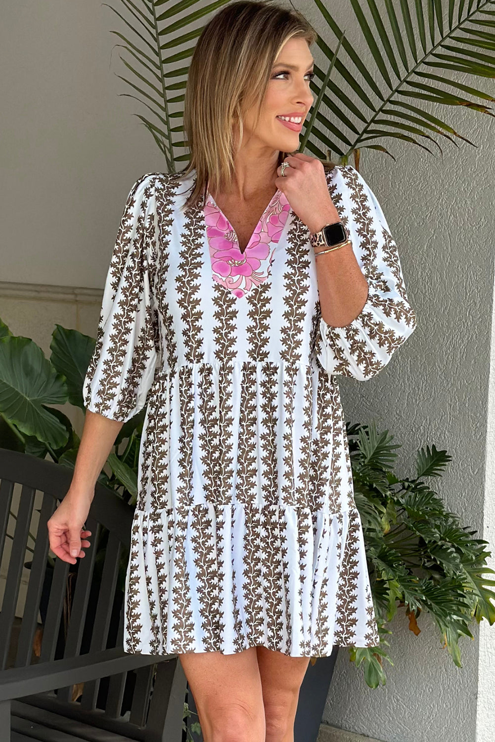 Black Floral Abstract Print V Neck Tiered Mini Dress - The Fair Lady Shop
