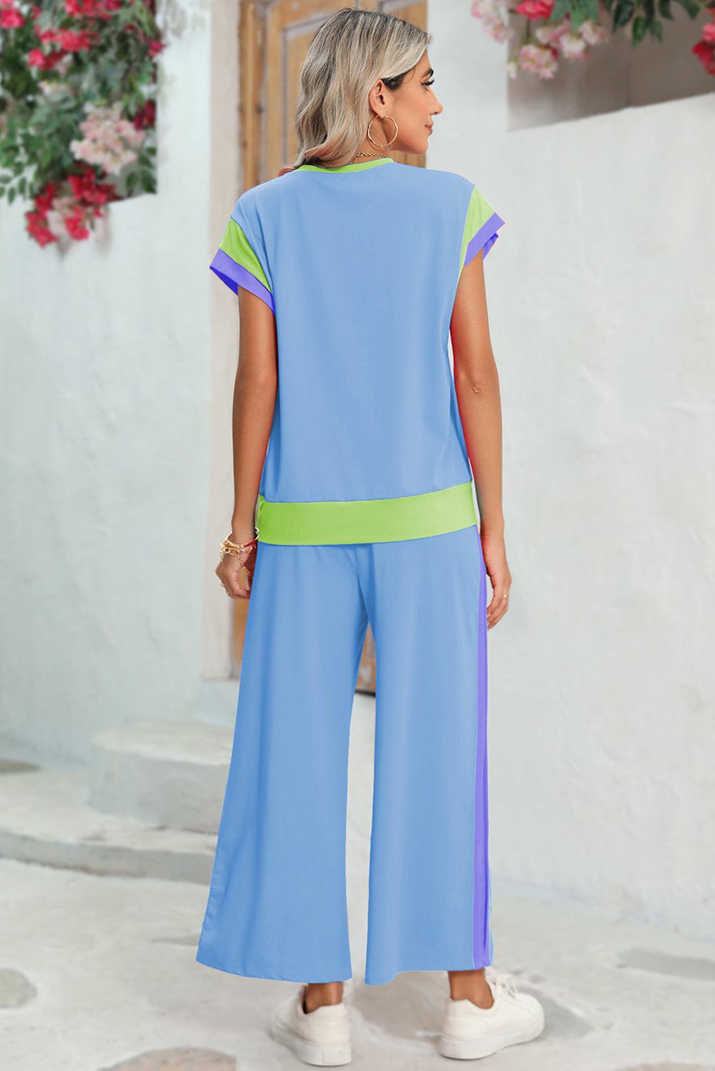 Chestnut Colorblock Cap Sleeve Tee and Wide Leg Pants Set - The Fair Lady Shop