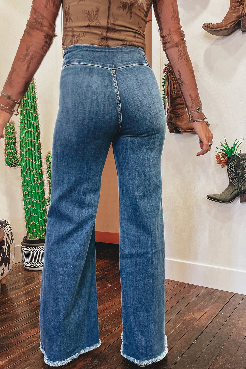 Sail Blue High Waist Button Raw Hem Jeans - The Fair Lady Shop