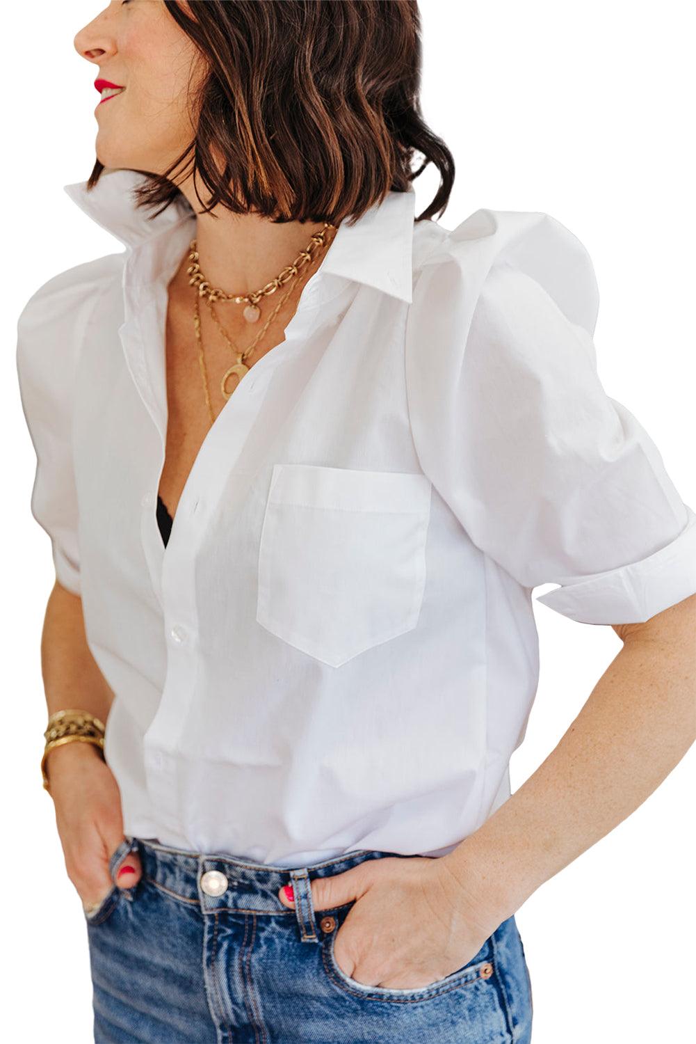 White Solid Color Button Up Puff Sleeve Shirt - The Fair Lady Shop