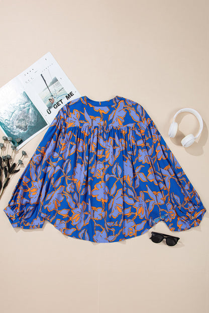 Blue Floral Print Batwing Sleeve Button Loose Fit Blouse - The Fair Lady Shop