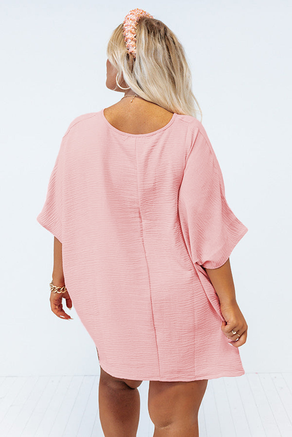 Pink Solid Color V Neck Textured Plus Size Blouse - The Fair Lady Shop