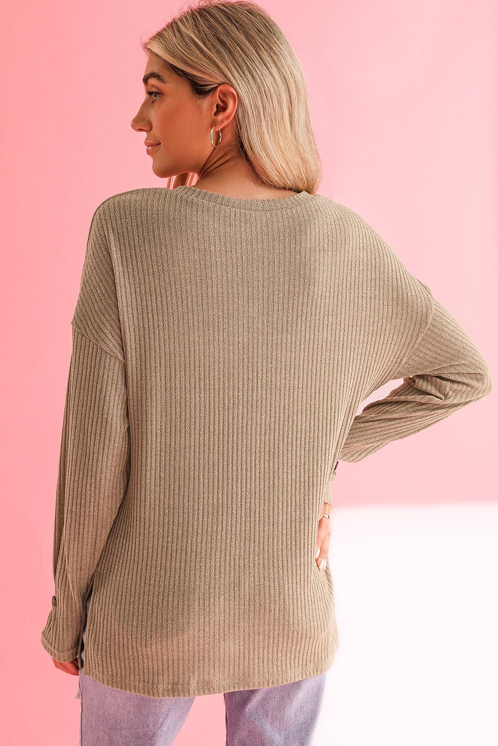 Rose Drop Shoulder Ribbed Knit Long Sleeve Henley Top - The Fair Lady Shop