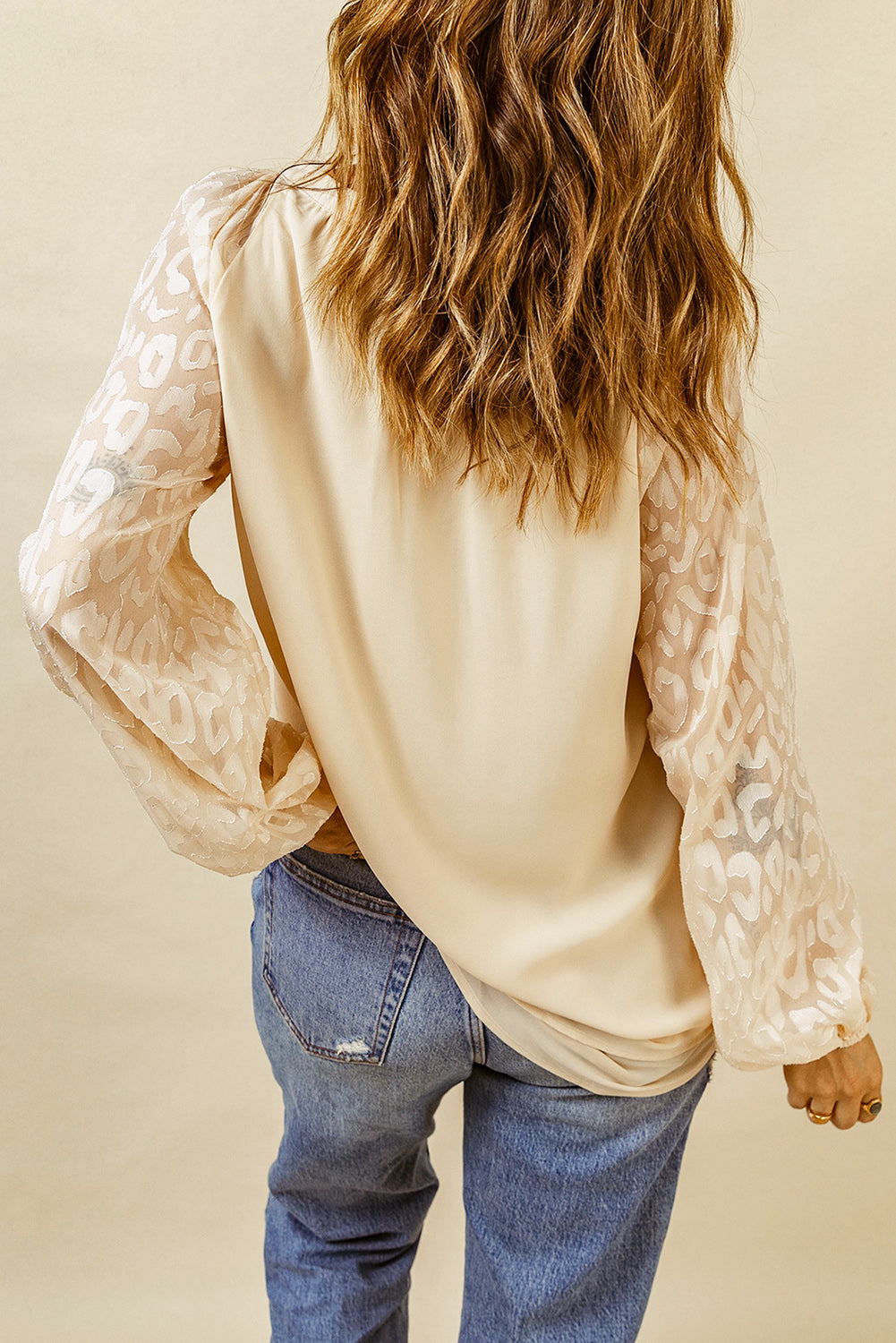 Beige Leopard Print Fringe Blouse - Trendy Split Neck Design