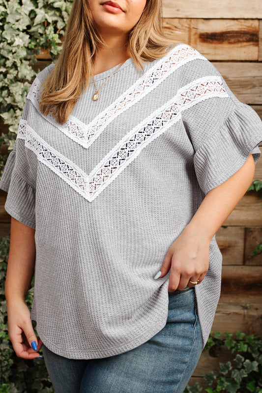 Light Grey Lace Patchwork Ruffle Sleeve Waffle Plus Size Top - The Fair Lady Shop