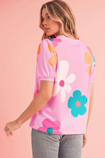 Apricot Colorful Flower Print Bubble Sleeve Tee - The Fair Lady Shop