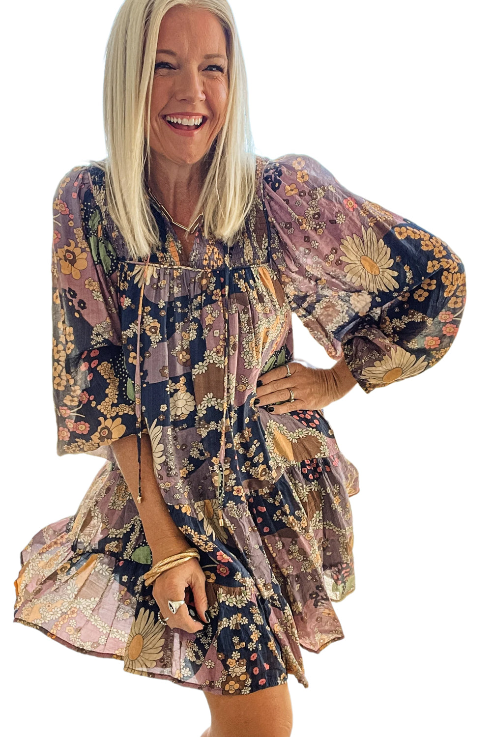Purple Boho Floral Print Puff Sleeve Flowy Mini Dress - The Fair Lady Shop