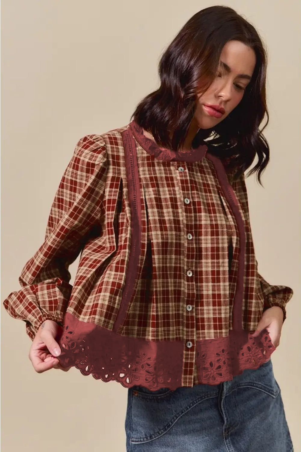 Red Dahlia Plaid Lace Hem Button Down Shirt