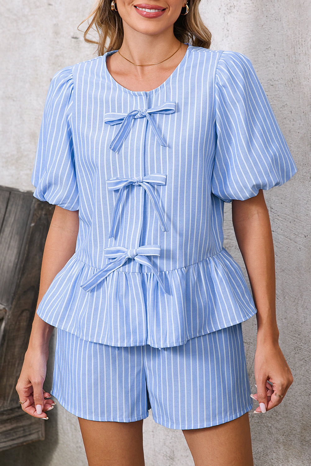 Sky Blue Striped Bow Tie Front Blouse and Drawstring Shorts Set - The Fair Lady Shop