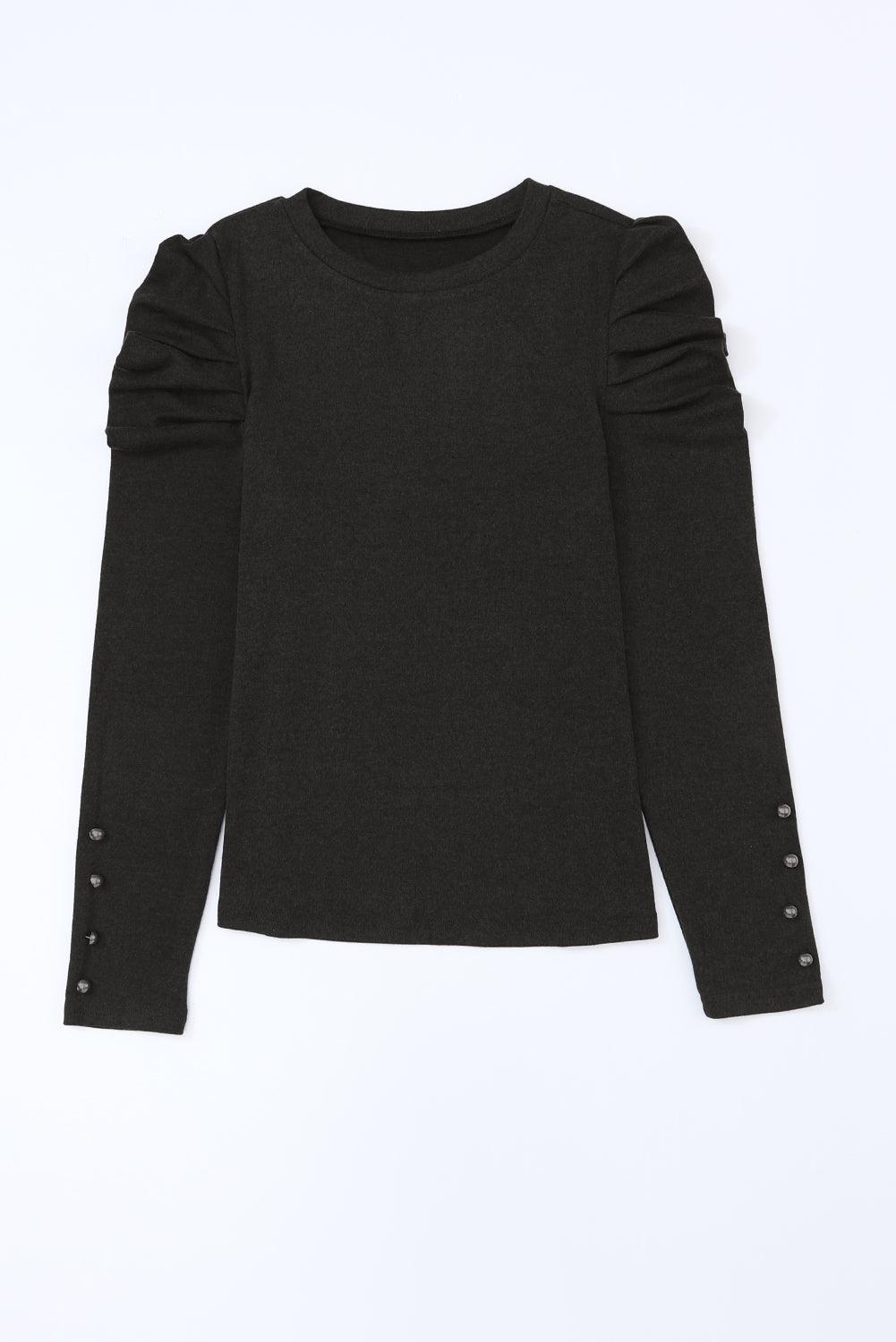 Khaki Plain Buttoned Puff Long Sleeve Sheath Top - The Fair Lady Shop
