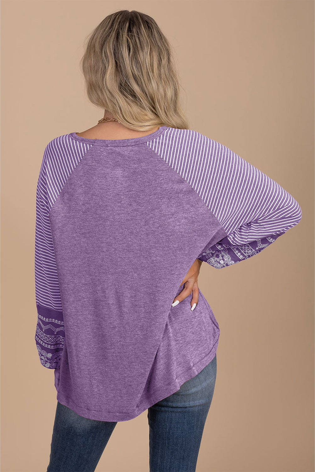 Tillandsia Purple Contrast Print Striped Raglan Long Sleeve Loose Top