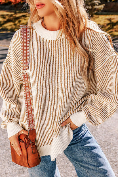 Chestnut Striped Contrast Trim Loose Sweater - The Fair Lady Shop