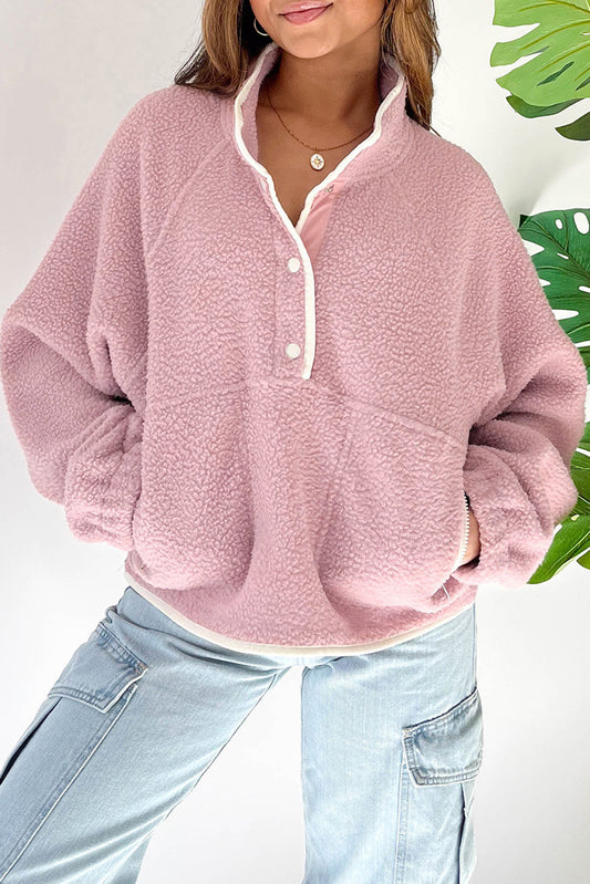 Fushia High Collar Long Sleeve Pocket Pullover Sweatshirt - The Fair Lady Shop