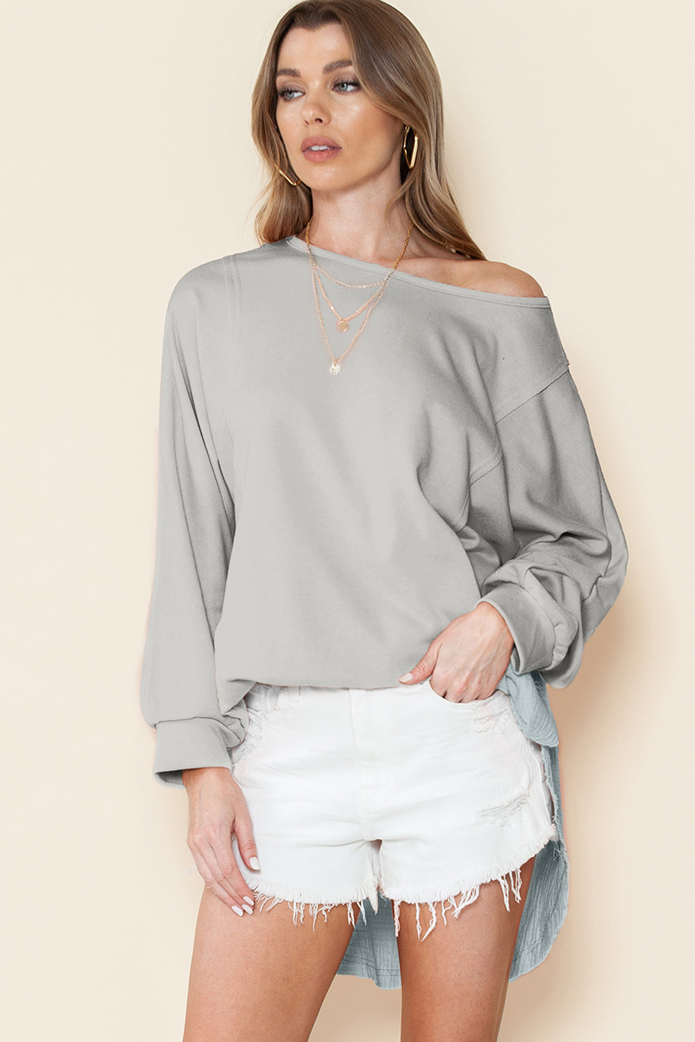 Grey Crinkled Patchwork Raw Hem Oversized Top - The Fair Lady Shop