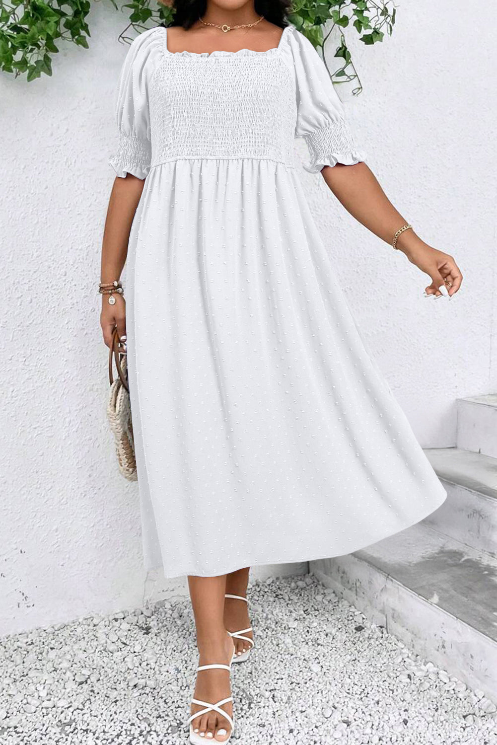 White Swiss Dot Smocked Frill Square Neck Plus Size Dress - The Fair Lady Shop