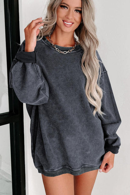 Khaki Solid Ribbed Round Neck Pullover Sweatshirt - The Fair Lady Shop