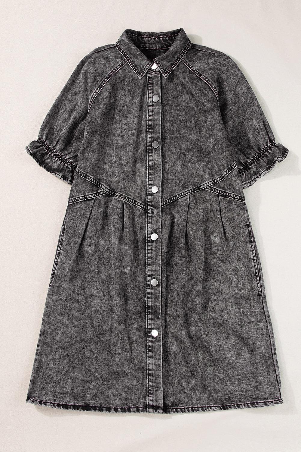 Blue Mineral Washed Ruffled Short Sleeve Pocketed Denim Dress - The Fair Lady Shop