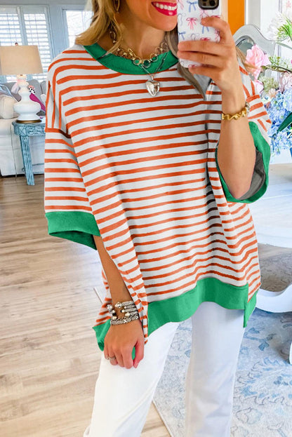 Pink Stripe Colorblock Drop Sleeve Oversized T Shirt - The Fair Lady Shop