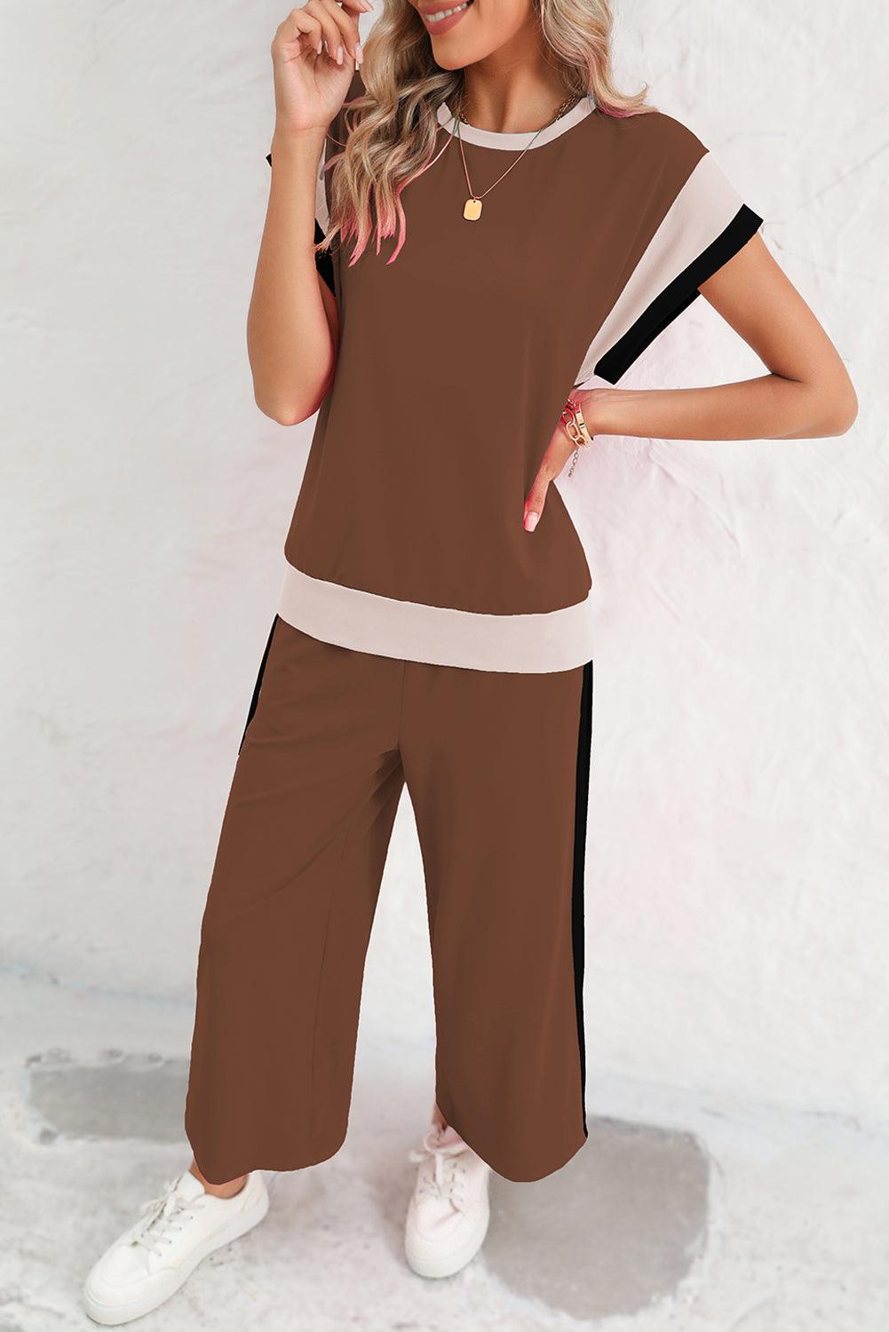 Chestnut Colorblock Cap Sleeve Tee and Wide Leg Pants Set - The Fair Lady Shop