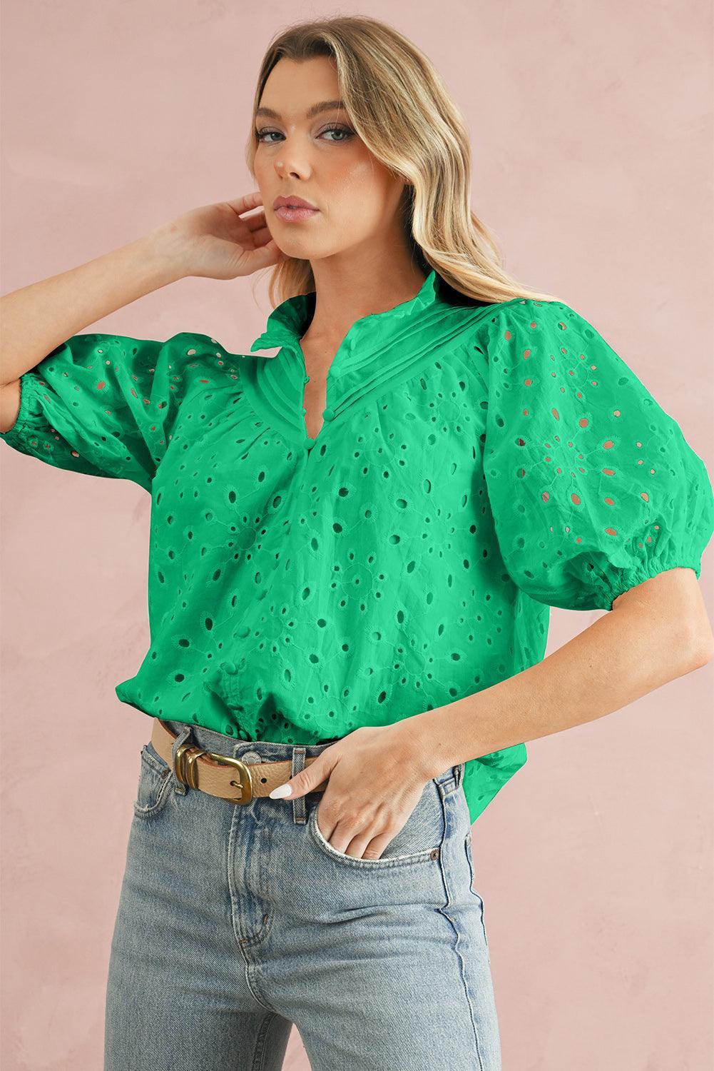 Bonbon Hollow-out Flower Embroidered Short Puff Sleeve Blouse - The Fair Lady Shop