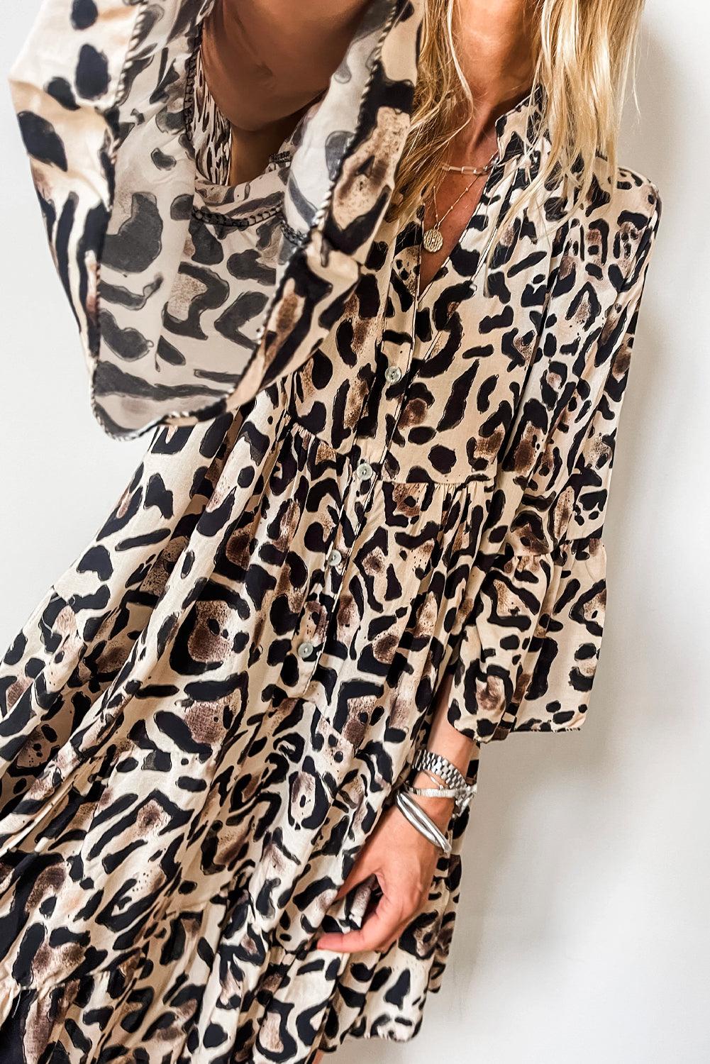 Black Leopard Button V Neck Flowy Mini Dress - The Fair Lady Shop