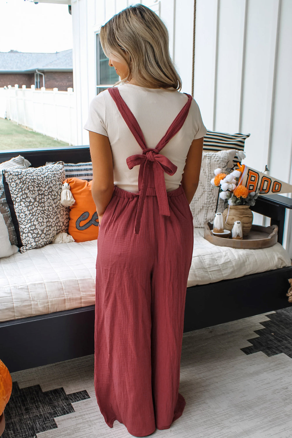 Red Clay Knot Strap Plain Crinkled Wide Leg Overall - The Fair Lady Shop