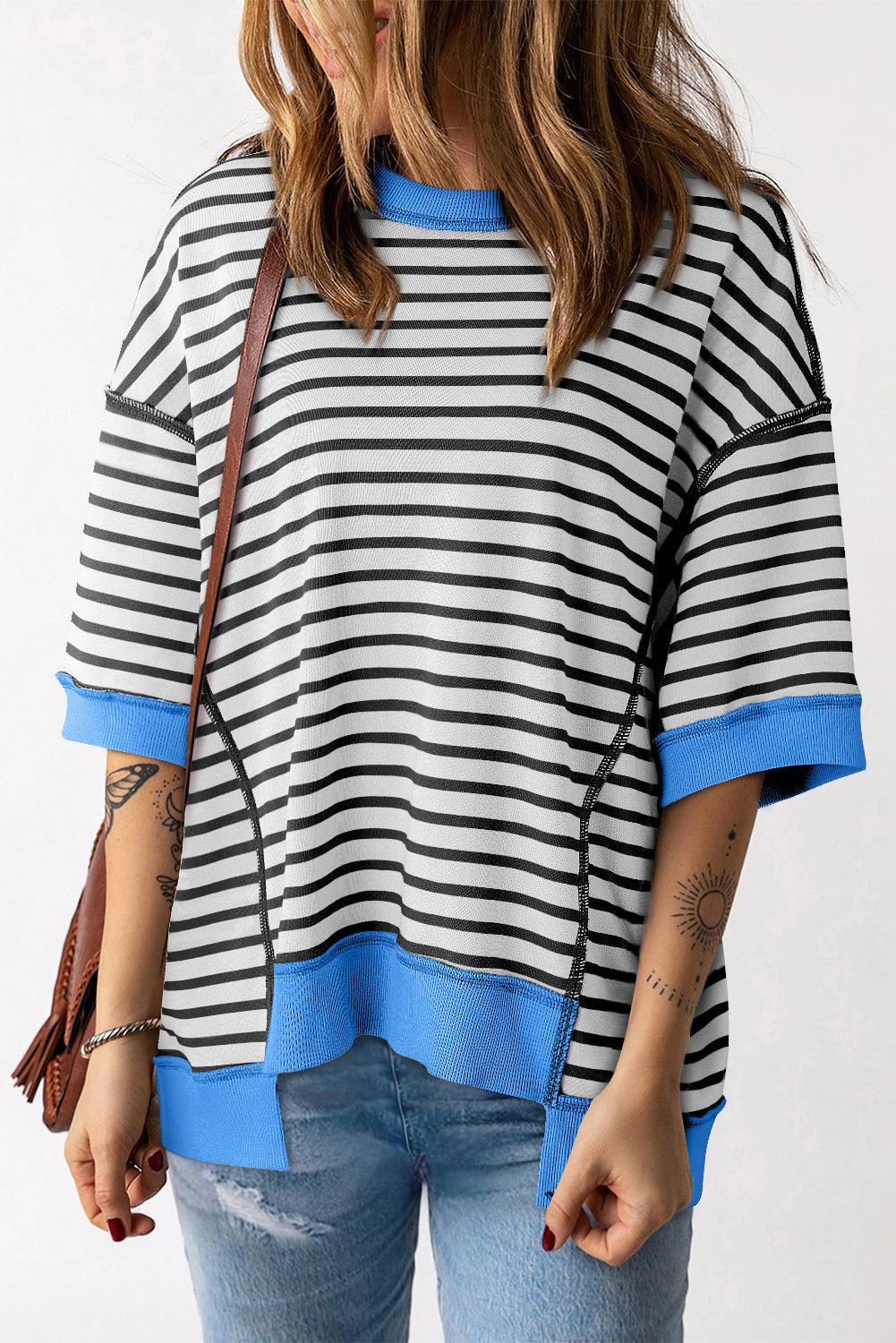 Pink Stripe Colorblock Drop Sleeve Oversized T Shirt - The Fair Lady Shop