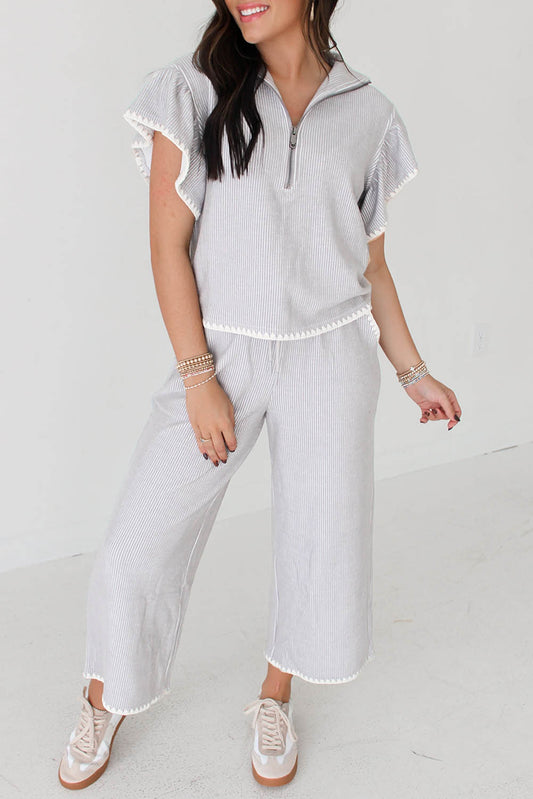 Gray Stripe Short Sleeve Collar Top And Shift Pants Set - The Fair Lady Shop