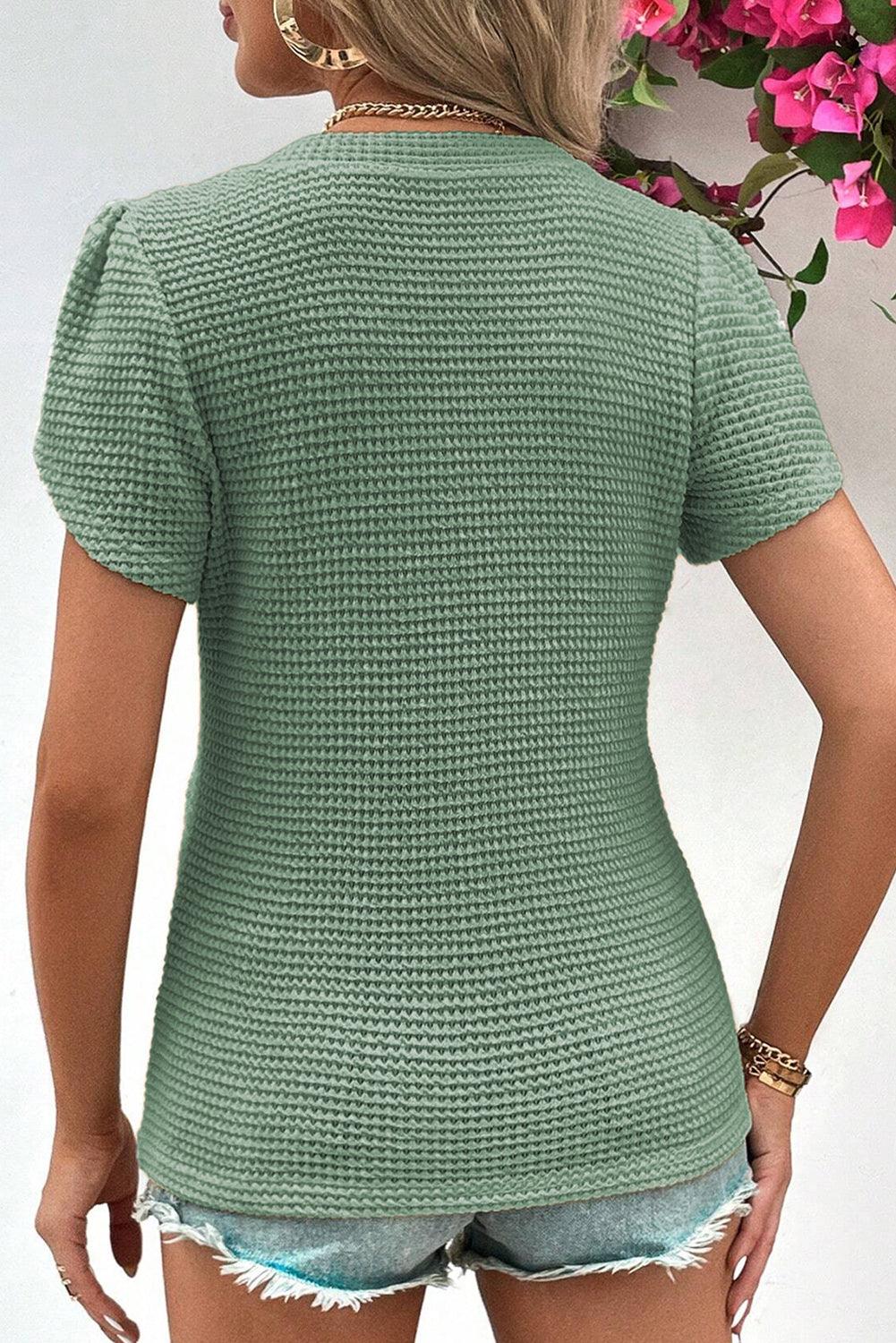 Mist Green Tulip Sleeve Waffle Knit V Neck T-Shirt - The Fair Lady Shop