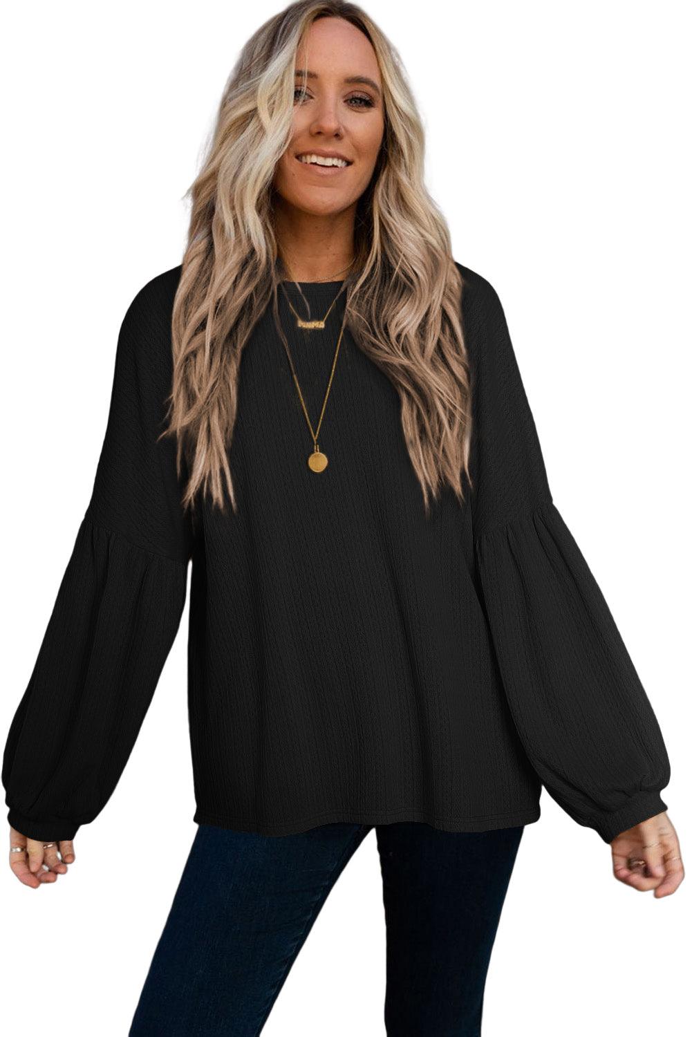 Ruby Solid Color Textured Lantern Sleeve Top - The Fair Lady Shop