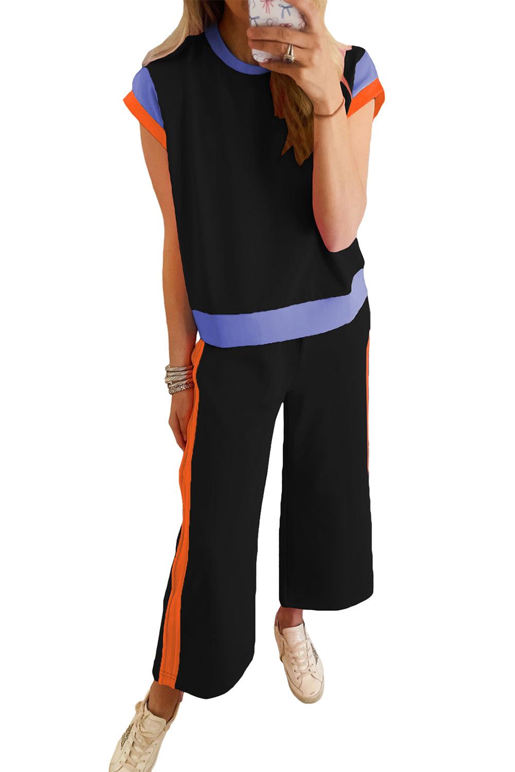 Chestnut Colorblock Cap Sleeve Tee and Wide Leg Pants Set - The Fair Lady Shop