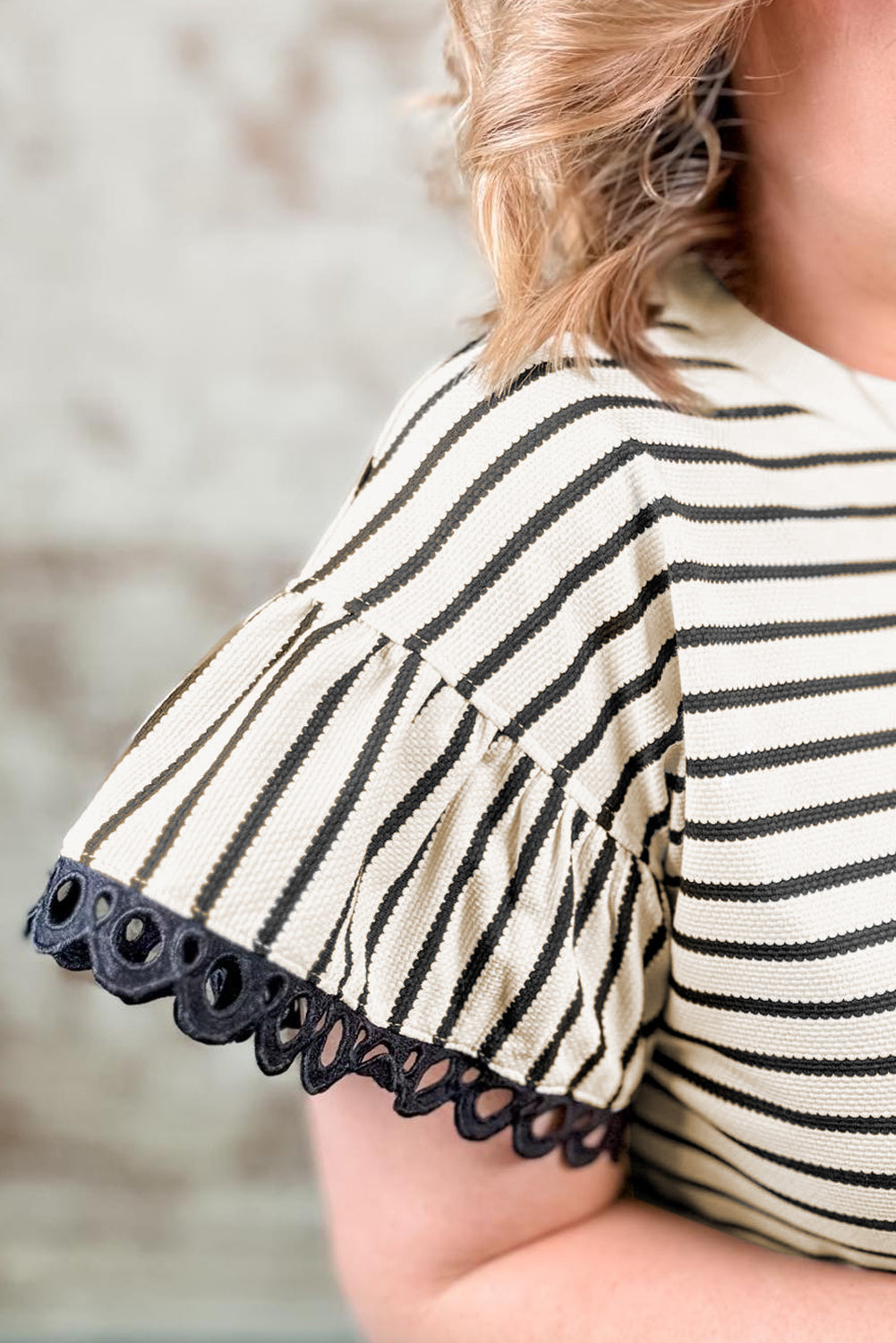 Black Stripe Scallop Lace Trim Ruffle Sleeves Plus Size Top - The Fair Lady Shop