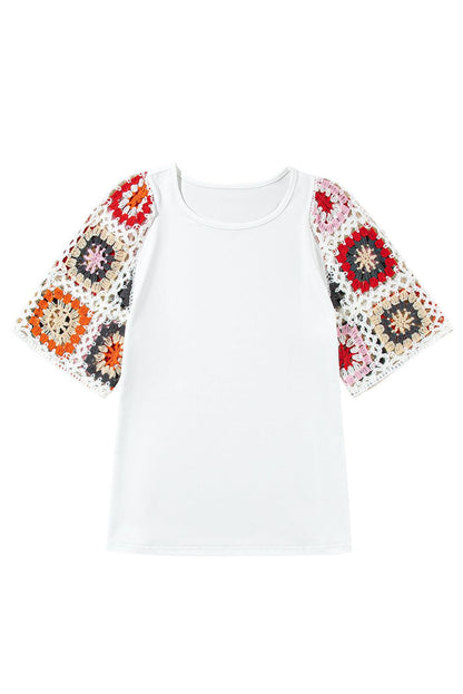 Black Floral Hollowed Crochet Sleeve Boho T Shirt - The Fair Lady Shop