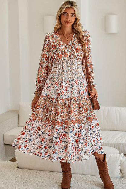 Khaki Floral Print Ruffled Tiered Long Sleeve V Neck Midi Dress - The Fair Lady Shop